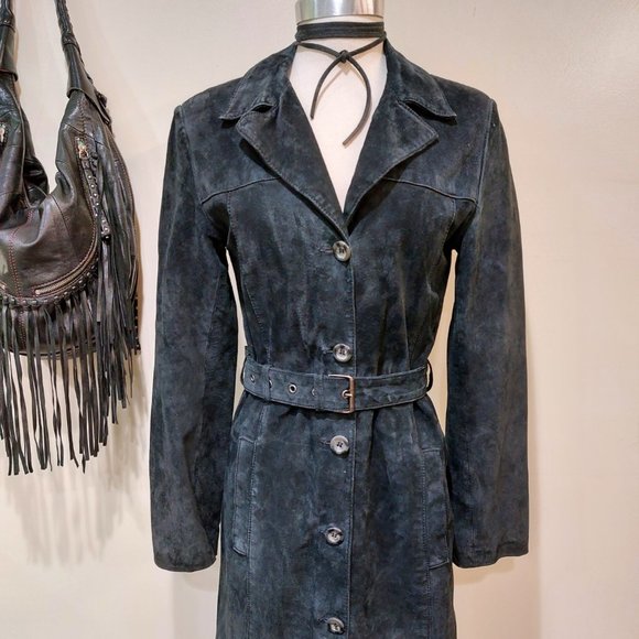 🍂HOST PICK🍁💋STUNNING BOHO CHIC💋 VTG 70s Genuine Leather Maxi Trench in Black - Picture 3 of 15